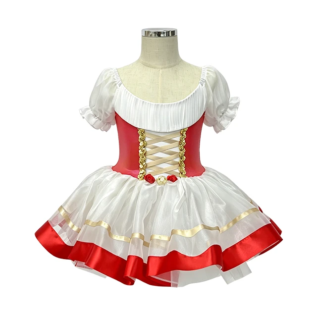 Girls Red Puff Sleeve Crisscross Lace-up Classical Ballet Tutu Dress | XGZ0258