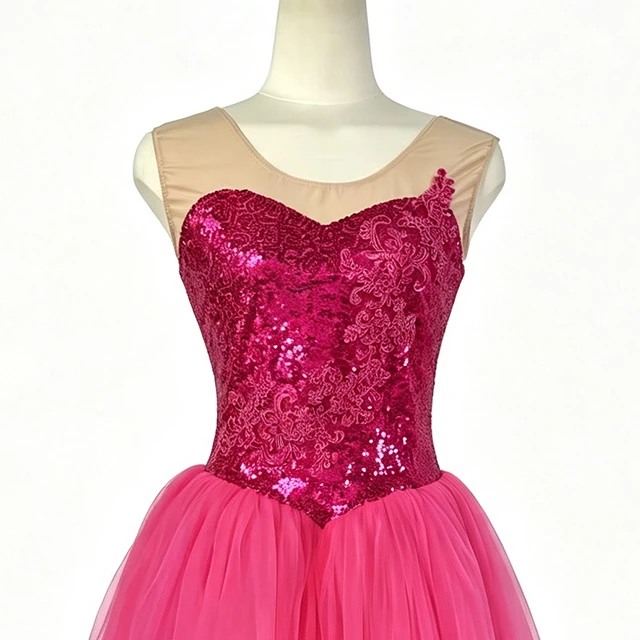 Rose Red Sequin Floral Applique Ballet Dress | XGZ0250