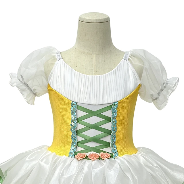 Girls Yellow Puff Sleeve Crisscross Lace-up Classical Ballet Tutu Dress | XGZ0258