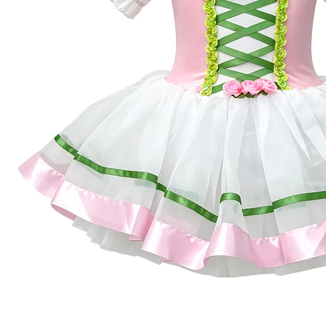 Girls Pink Puff Sleeve Crisscross Lace-up Classical Ballet Tutu Dress | XGZ0258