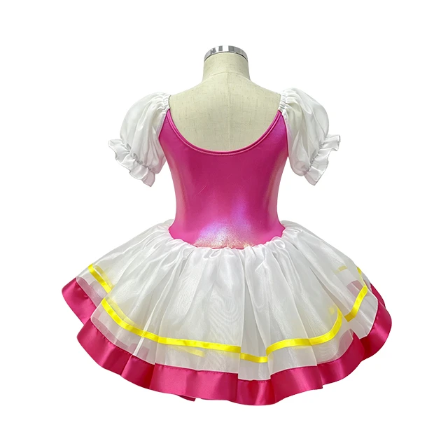 Girls Rose Red Puff Sleeve Crisscross Lace-up Classical Ballet Tutu Dress | XGZ0258