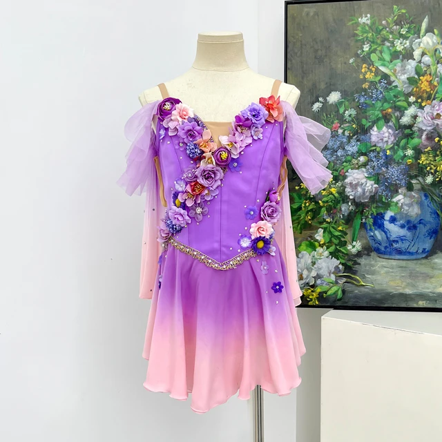 Purple Pink Gradient Ballet Costume 3D Floral Handmade Dance Dress Fairy Stage Performance Dress